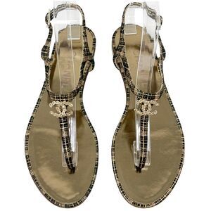 Chanel Black Gold CC Crystal Thong Sandals Size 37C Flat Cruise 2016